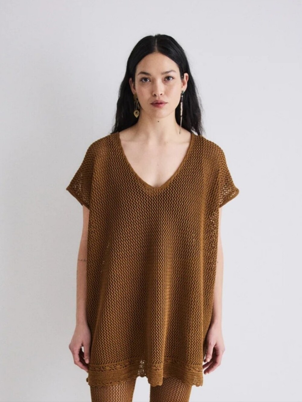 NWT Misha And Puff Rust Brown Open-Knit V-Neck Tunic Sweater